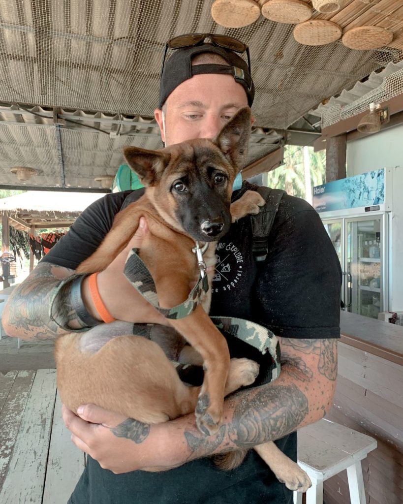Volunteer caring for rescued animals at Koh Mak Animal Clinic, Thailand